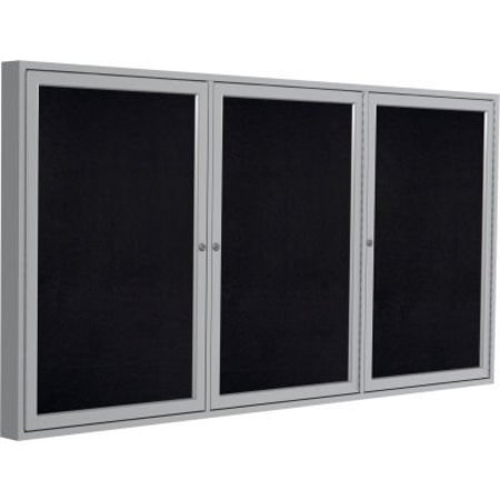 GHENT Ghent Enclosed Bulletin Board, 3 Door, 72"W x 48"H, Black Recycled Rubber/Silver Frame PA34872TR-BK